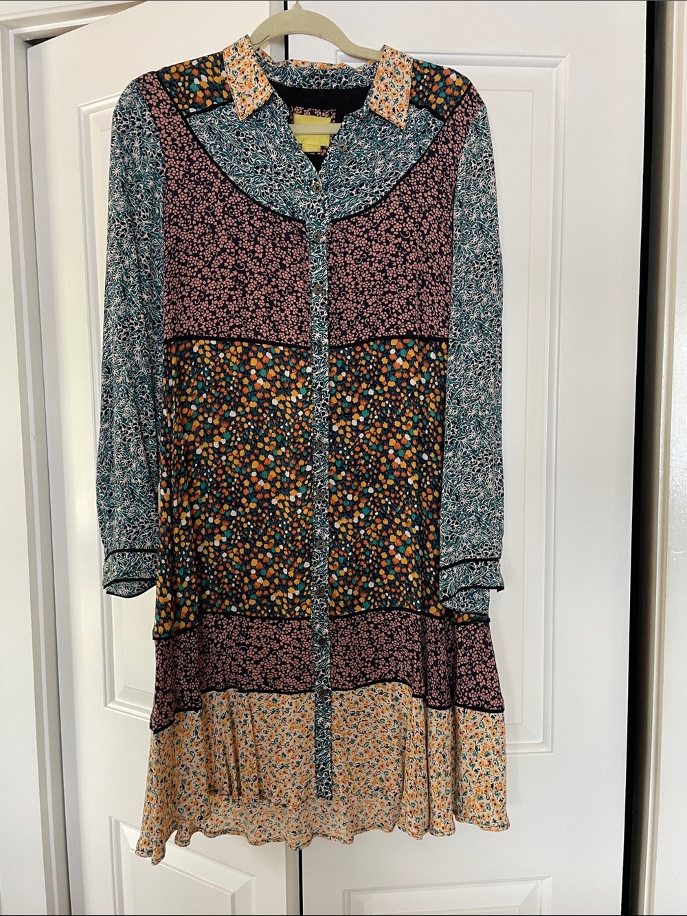 Maeve Multi-Print Long Sleeve Button-Front Dress in Teal, Mustard, Pink